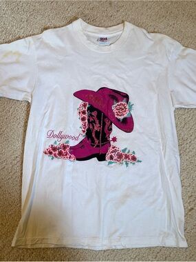 90s Vintage Dollywood Tee with Sparkle Pink Cowboy Hat & Boot Graphic